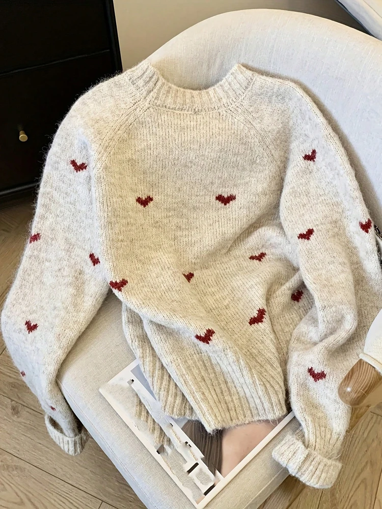 New Autumn Winter Comfortable Heart Pattern Sweater Long Sleeve Pullover Round Neck Top Sweater Warm Versatile Women's Clothing