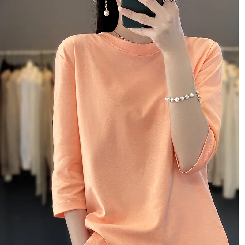 Mercerized Cotton Cropped Sleeve Female Spring And Summer 2023 New Round Neck Loose 100% Cotton Short Sleeve Bottoming T-Shirt - Image 2