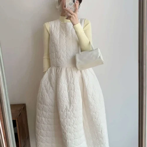 Korean Style Cotton Padded Sleeveless Vest Dress For Women's Fall Winter Design Temperament Loose Back Strap Quilted Dress w1458