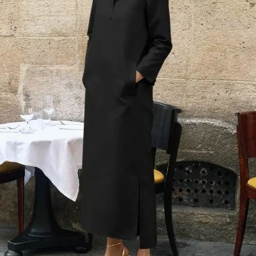 Urban Women 2024 Autumn New Long Sleeve Dress Stand Collar H-line Loose Fit Maxi Dress Daily Commuter Dress for Ladies