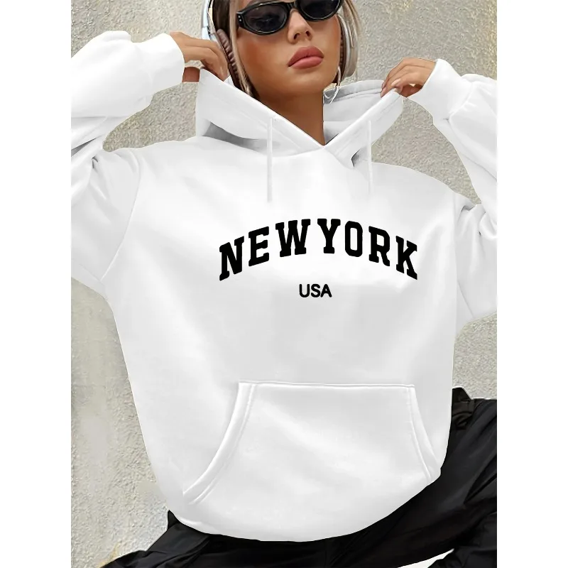 Women's Autumn and Winter Warm and Loose Casual New York USA Letter Printed Suede Long Sleeved Hooded Sweatshirt