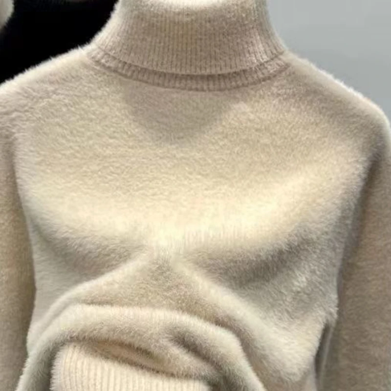 Women's Turtleneck Sweater Faux Mink Top for Women Solid Plush Thickened Warm Bottoming Shirts Basic Knitwear Thermal Pullovers - Image 4