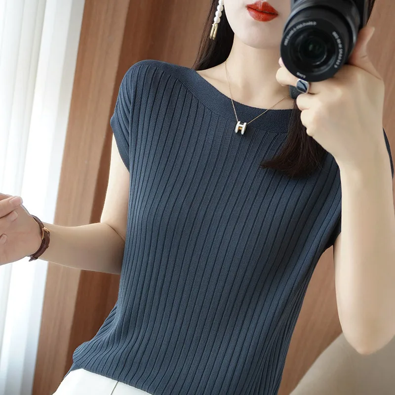 Spring Summer T-shirt Women Short Sleeves Slim Striped Innerwear Slash Neck Fashion Korean Loose Knitted T-shirt Sweater 2025