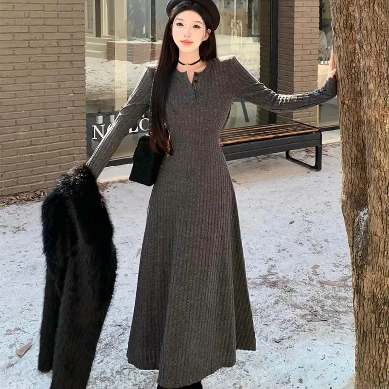 Smvp Elegant Slim High Waist Knit Dresses Women Autumn Winter Long Sleeve Thick Warm Long Dress Vintage Streetwear Vestidos