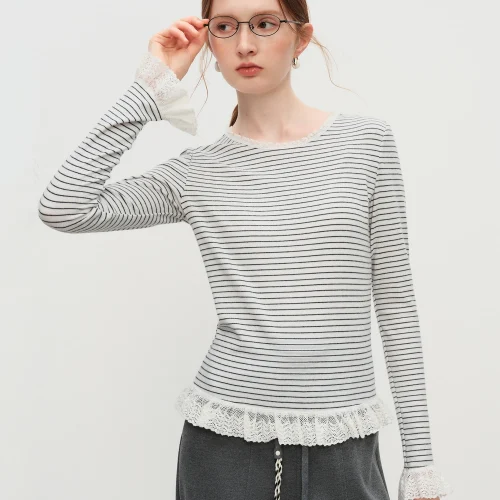 FSLE Autumn New Top 2025 Women's Striped Knit T-Shirt Long Sleeve Lace Trim Base Layer Top Soft Stretch for Casual Layering