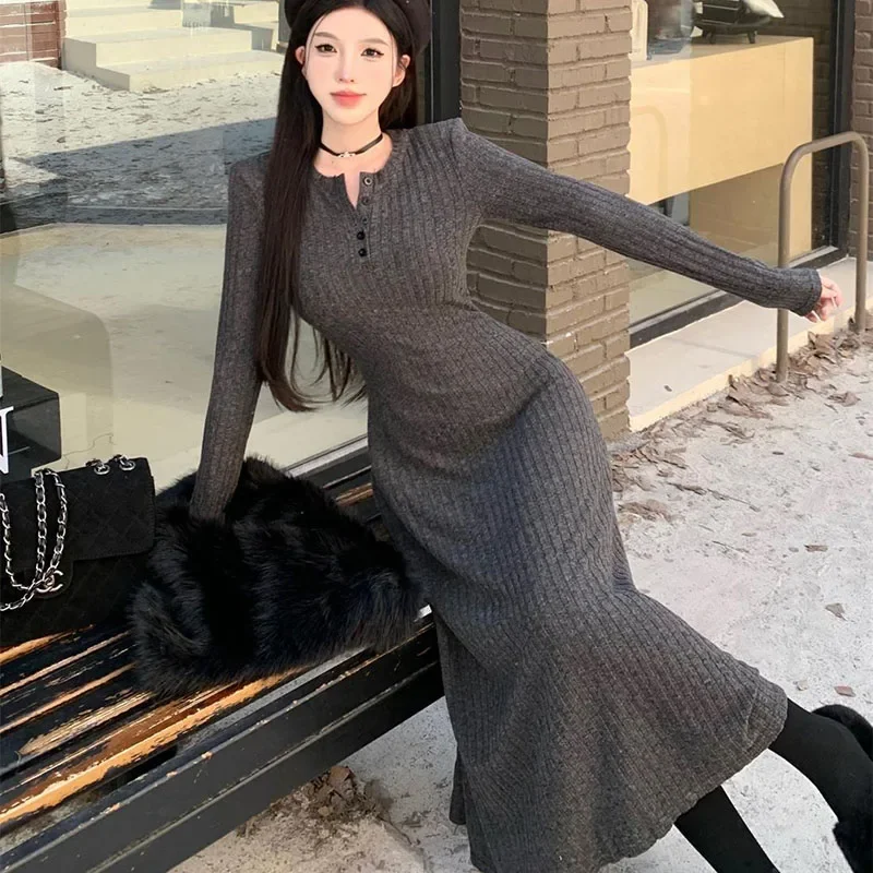 Smvp Elegant Slim High Waist Knit Dresses Women Autumn Winter Long Sleeve Thick Warm Long Dress Vintage Streetwear Vestidos - Image 6