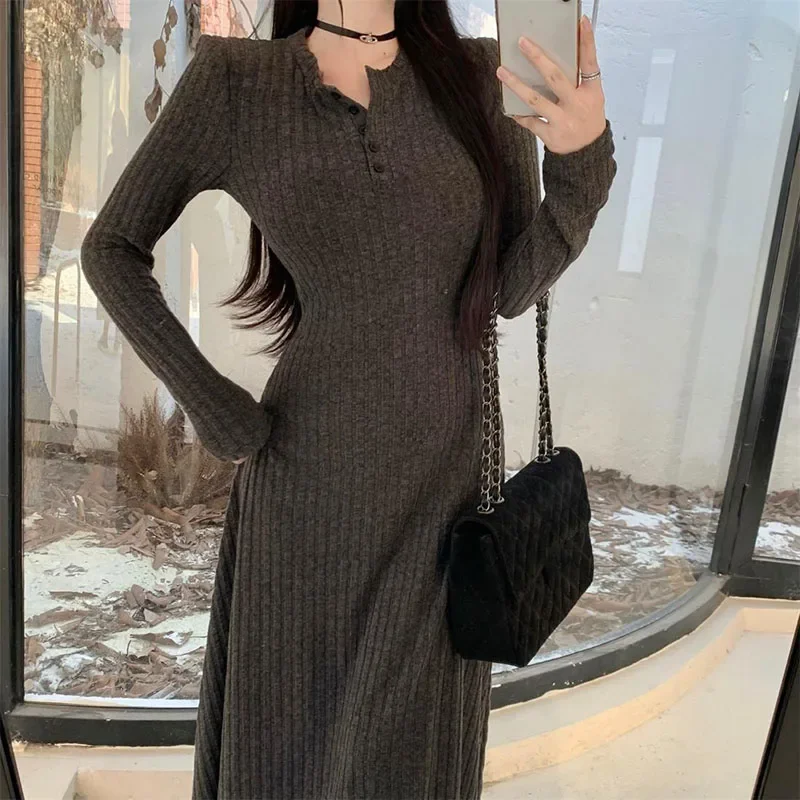Smvp Elegant Slim High Waist Knit Dresses Women Autumn Winter Long Sleeve Thick Warm Long Dress Vintage Streetwear Vestidos - Image 5