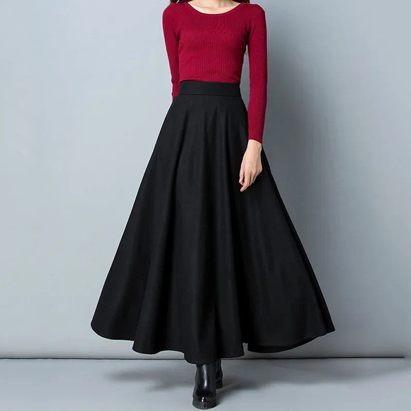 SMVP New Winter Women's Long Woolen Skirt Elegant High Waist Wool A Line Skirts Female Casual Thick Warm Pocket Maxi Skirts Lady - Image 2