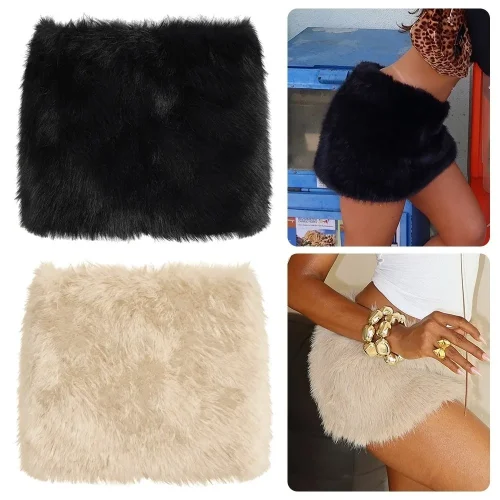 Sexy Luxury Hip Skirt Vintage Low Rise Mini Skirt Furry Artificial Fur Bodycon Skirt for Women