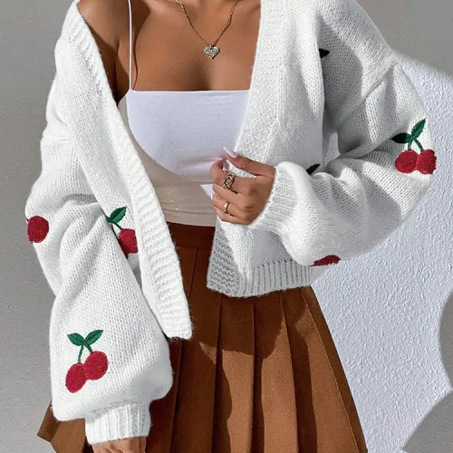 Fashionable low shoulder cherry embroidery pattern cardigan commuter sweater women's loose jacket knitted sweater