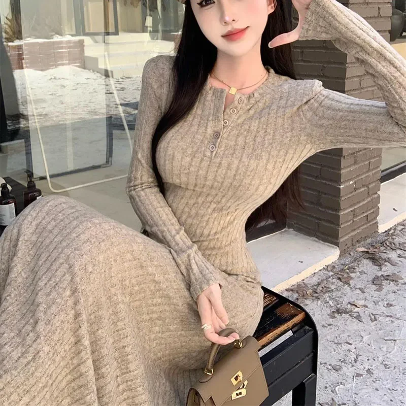 Smvp Elegant Slim High Waist Knit Dresses Women Autumn Winter Long Sleeve Thick Warm Long Dress Vintage Streetwear Vestidos - Image 4