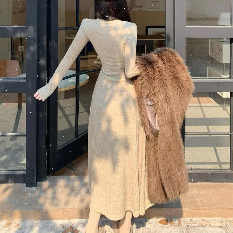 Smvp Elegant Slim High Waist Knit Dresses Women Autumn Winter Long Sleeve Thick Warm Long Dress Vintage Streetwear Vestidos - Image 2